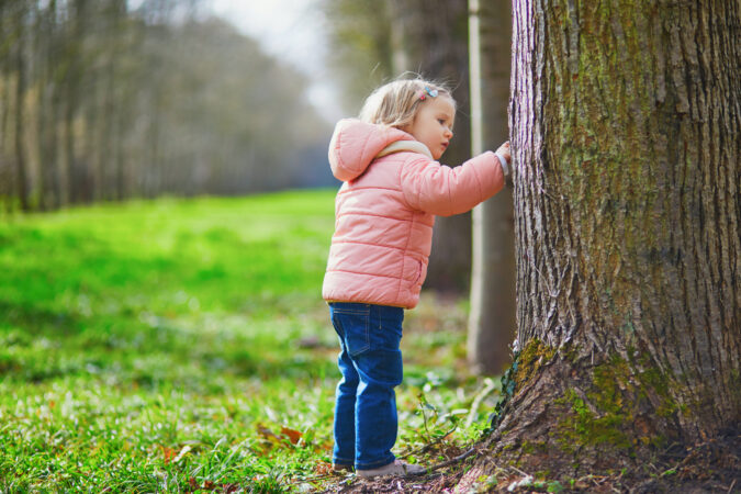 toddler girl touching tree trunk