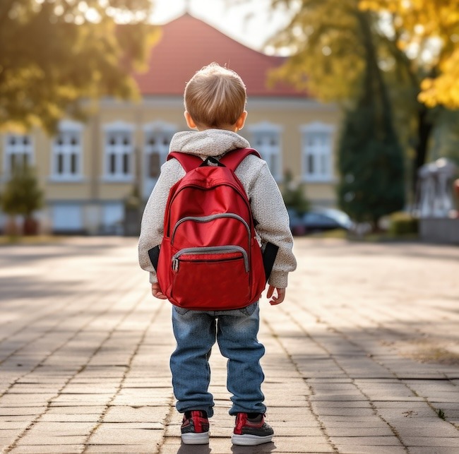 boy with backpack standing in front of school