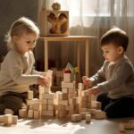 Two children play with blocks on the floor
