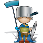 Boy dressed in a cape holding a broom with cooking pot on his head and holding the pot’s lid in his other hand like a shield