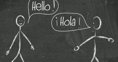 Chalkboard drawing of two people saying hello in English and Spanish