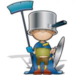 Boy dressed in a cape holding a broom with cooking pot on his head and holding the pot’s lid in his other hand like a shield