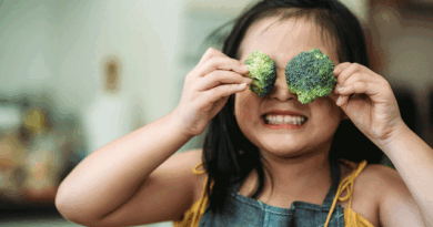Little girl holding broccoli over her eyes