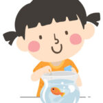 illustration of a girl in pigtails feeding a goldfish in a bowl